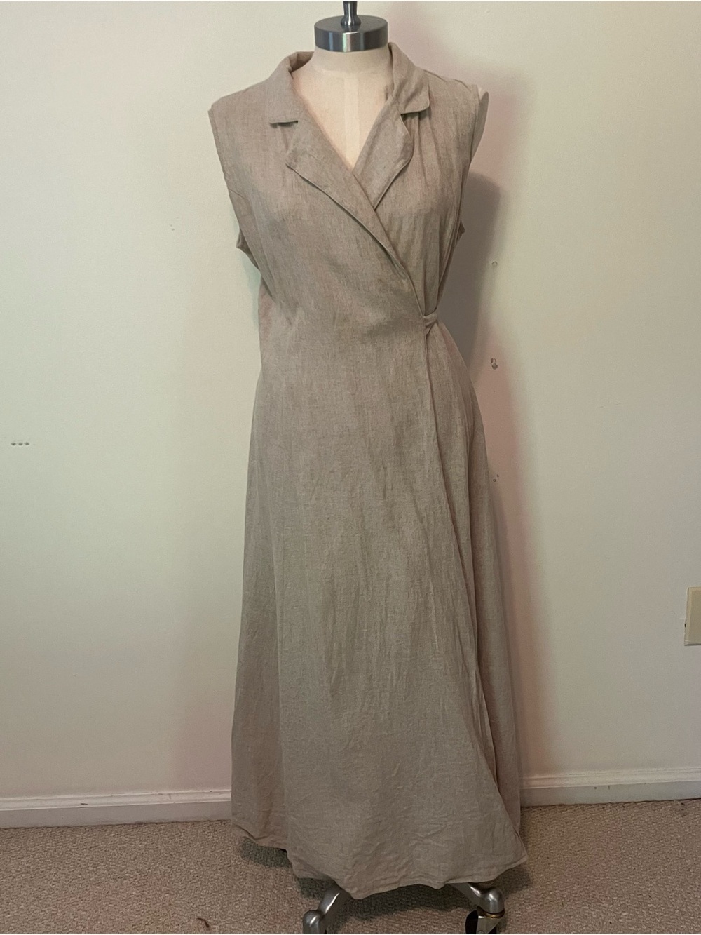 VTG Coldwater Creek Sleeveless Wrap Front Dress Tan Linen Rayon Blend M Maxi